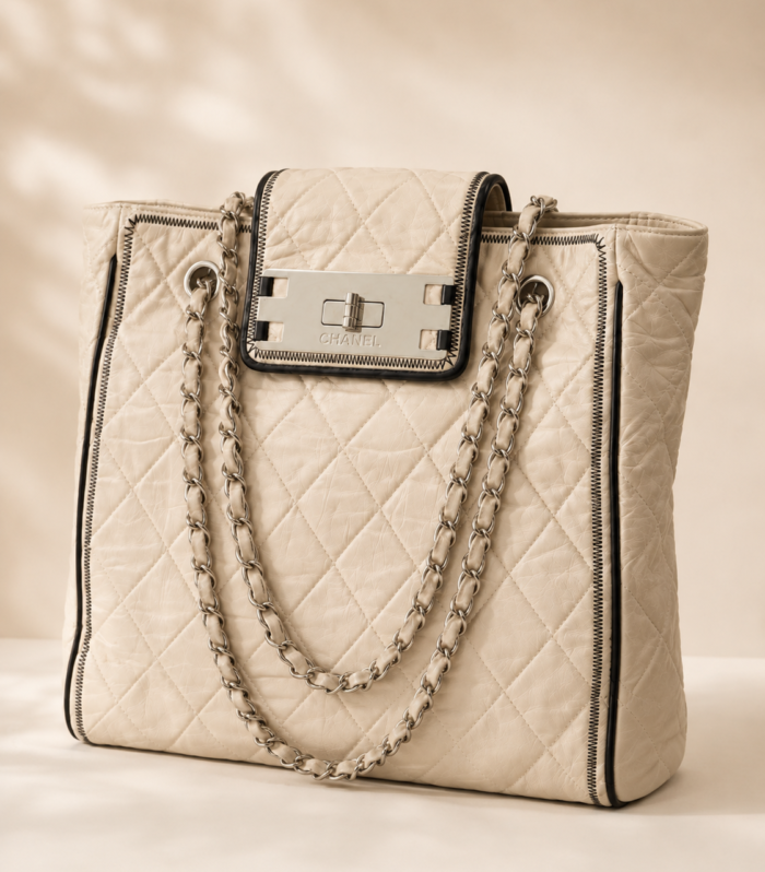 Chanel Ivory Quilted Leather Chain Tote Bag